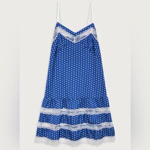 Frankie's Bikinis Blue Polka Dot Midi Slip Dress with White Lace